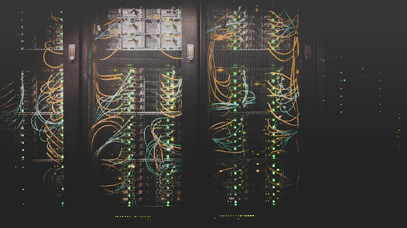 Corredor de servidores em um data center iluminado por luzes frias